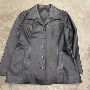 Jacqueline Ferrar Coat Womens Large Black Leather Shawl Long Nylon Lined VTG 80s